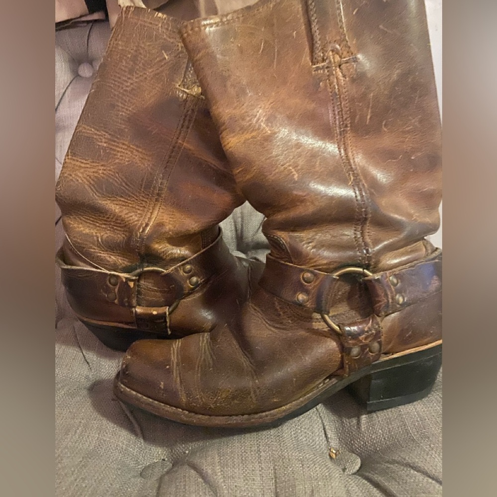 Frye Brown Leather Moto Boots with Buckle